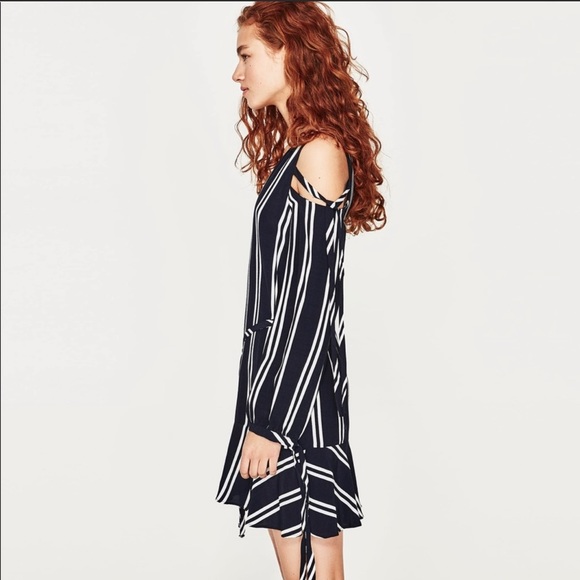 NWT Zara Navy and White Striped One Shoulder Dress - Picture 5 of 17
